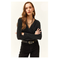 Olalook Women's Black Double Breasted Silvery Crop Blouse