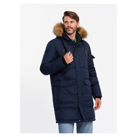 Ombre Men's long warm parka hooded jacket - navy blue