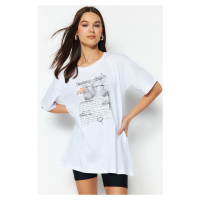Trendyol White 100% Cotton Printed Boyfriend Crew Neck Knitted T-Shirt