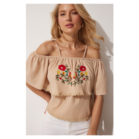 Happiness İstanbul Women's Biscuit Embroidered Strap Knitted Blouse