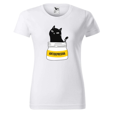 DOBRÝ TRIKO Dámské tričko s potiskem s kočkou ANTIDEPRESIVA Barva: Bílá
