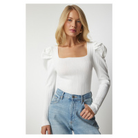 Happiness İstanbul Women's White Square Collar Corduroy Knitwear Blouse