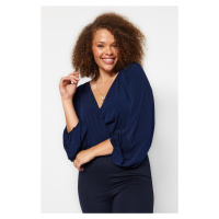 Trendyol Curve Navy Blue Balloon Sleeve Double Breasted Collar Knitted Blouse