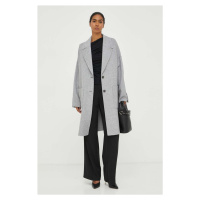 Vlněný kabát BOSS šedá barva, přechodný, oversize
