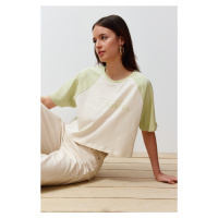 Trendyol Stone 100% Cotton Color Block Slogan Printed Relaxed Crop Knitted T-Shirt