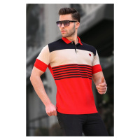Pánské červené pruhované tričko s límečkem Madmext 5865