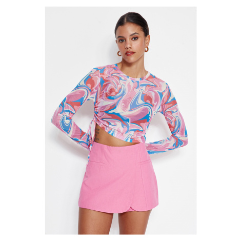 Trendyol Multicolored Printed Shirring Detailed Crew Neck Basic Crop Stretchy Tulle Knitted Blou
