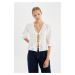 DEFACTO V Neck Modal Front Tie Long Sleeve White Blouse