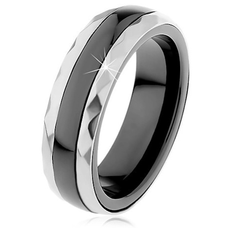 Keramický prsten černé barvy, broušené ocelové pásy ve stříbrném odstínu Šperky eshop