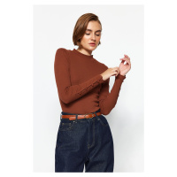 Trendyol Brown Buttoned Ribbed High Neck Fitted/Situated Cotton Stretch Knitted Blouse