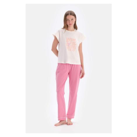 Dagi Ecru Short Sleeve Piece Printed T-Shirt Trousers Pajamas Set