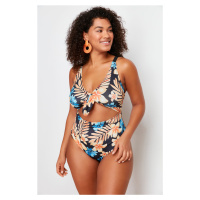 Trendyol Curve Blue Tropical Patterned Swimsuit with Tie Detail and Slimming Effect