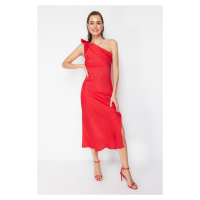 Trendyol Red Sleeve Detailed Satin Elegant Evening Dress