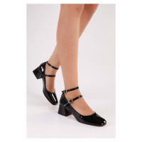 Shoeberry Women's Linnie Black Patent Leather Thick Heel Shoes Black Patent Leather