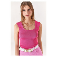 Olalook Women's Open Fuchsia Collar Detailed Waist Top Knitwear Blouse