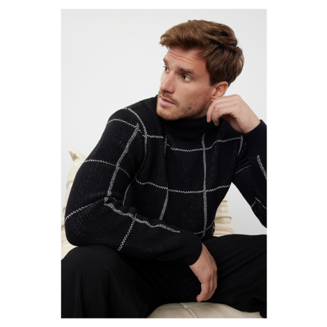 Trendyol Black Slim Wool Turtleneck Plaid / Checked Knitwear Sweater