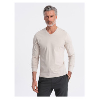 Ombre Clothing Béžové tričko s dlouhým rukávem a výstřihem do V V1 LSBL-0108