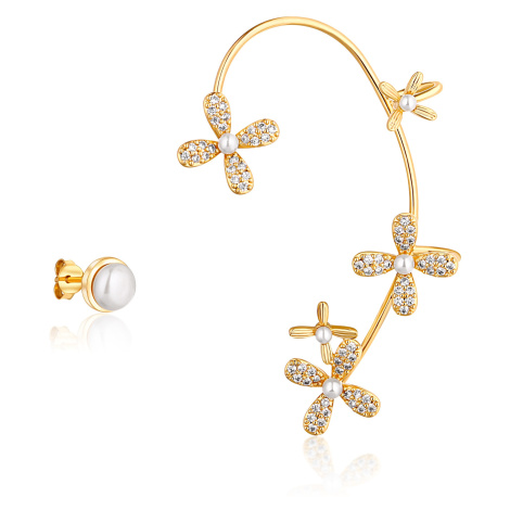 JwL Luxury Pearls Pozlacené asymetrické náušnice s perlami a zirkony - levá záušnice JL0776