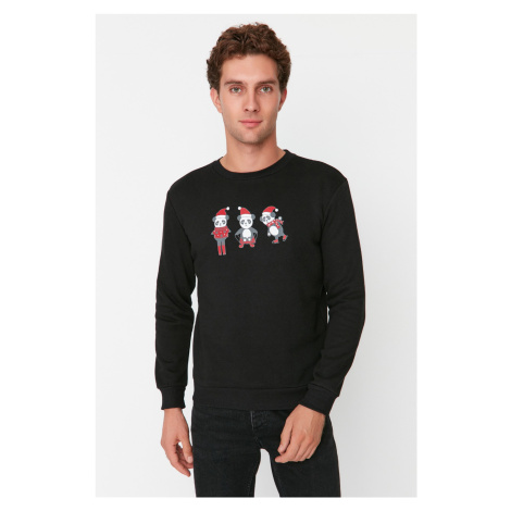 Trendyol Black Men's Regular/Normal Cut Christmas Themed Printed Fleece Inside Sweatshirt