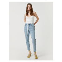 Koton High Waist Denim Trousers Lightweight Skinny Leg With Belt - Mom Jean