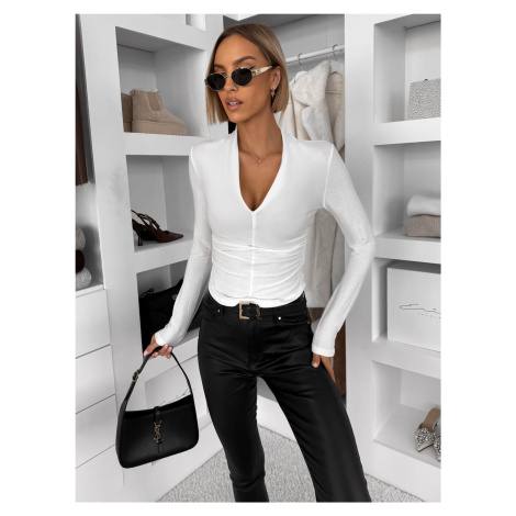 Bílé basic triko JORVIA s dlouhým rukávem a řasením