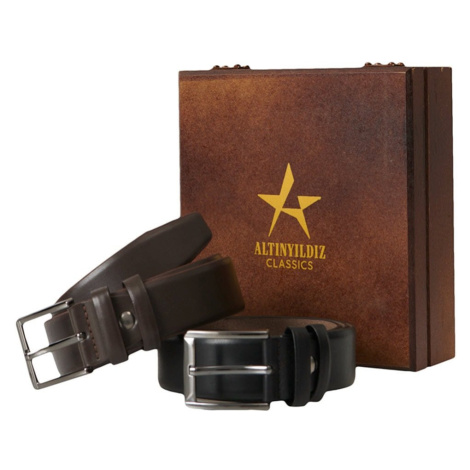 ALTINYILDIZ CLASSICS Men's Black-brown Special Wooden Gift Boxed 2-Piece Casual Belt Set Groom's AC&Co / Altınyıldız Classics