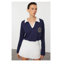 Trendyol Navy Blue Polo Neck Embroidery and Poplin Collar Detailed Oversize/Wide Pattern Knitted