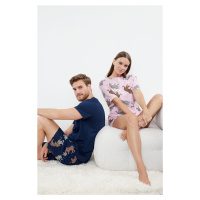 Trendyol Navy Blue Regular Fit Animal Patterned Couple Knitted Pajama Set with Shorts