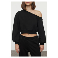 Trendyol Black Regular Fit Thick Inside Fleece Crop Asymmetrical Collar Knitted Sweatshirt