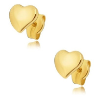 Náušnice ze žlutého 14K zlata - ploché zrcadlově lesklé nesouměrné srdce