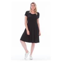 Şans Women's Plus Size Black Viscose Fabric Pleat Detailed Short Sleeve Dress