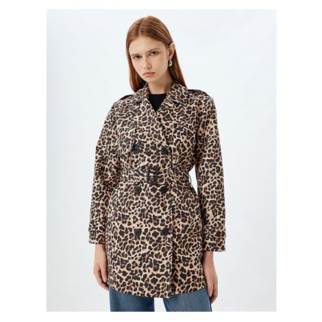 Koton Double Breasted Belted Leopard Patterned Trench Coat