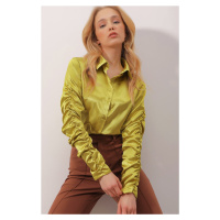 Trend Alaçatı Stili Women's Oil Green Satin Shirt with Shirred Sleeves