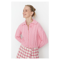 Trendyol Růžové Tlačítko Detailní Polo Neck Crop Pletené oblečení Cardigan