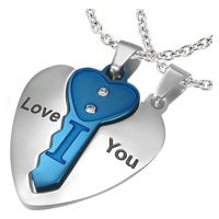 Ocelový dvojpřívěsek, srdce stříbrné barvy s modrým klíčkem, nápis, zirkony