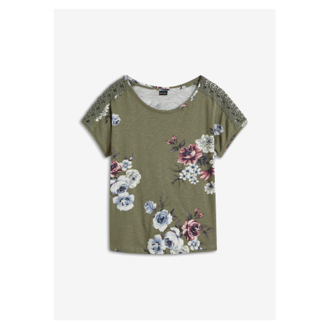 Triko s potiskem a krajkou Bonprix