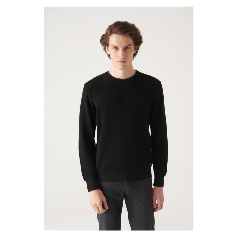 Avva Men's Black Double Collar Detailed Textured Cotton Regular Fit Knitwear Sweater