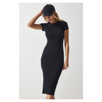 Happiness İstanbul Women's Black Crew Neck Wraparound Ribbed Knitted Dress