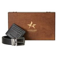 ALTINYILDIZ CLASSICS Men's Black Special Wooden Belt with Gift Box - Card Holder Accessory Set G