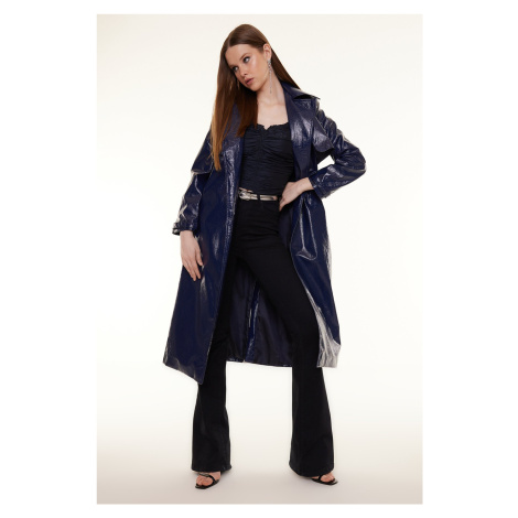 Trendyol Navy Blue Oversize Wide Cut Patent Leather Trench Coat