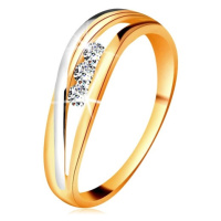 Briliantový prsten ze 14K zlata, zvlněné dvoubarevné linie ramen, tři čiré diamanty