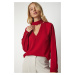 Happiness İstanbul Women's Red Crepe Blouse with Window Detailed and Decollete