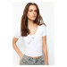 Trendyol White Short Sleeve Tie Detail Heart Neck Ribbed Flexible Knitted Blouse