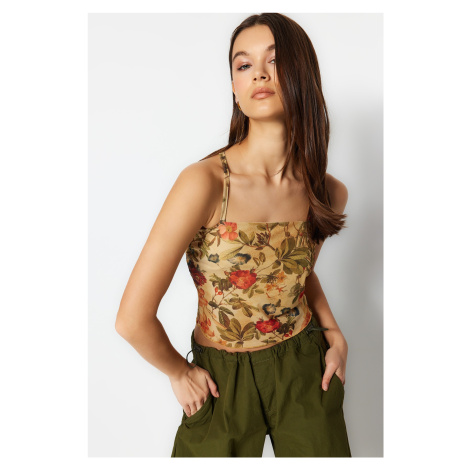 Trendyol Multi-Colored Floral Print Fitted/Sleezy Tulle Knit Blouse with Straps and Crop lining