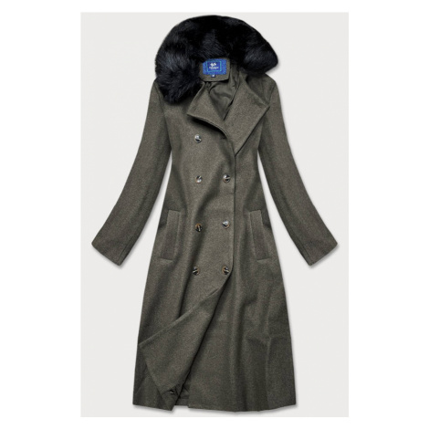 Dlouhý kabát v khaki barvě s kožešinovým límcem (20201202) Ann Gissy