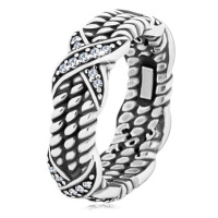 Patinovaný stříbrný prsten 925, motiv zatočeného lana, křížky se zirkony