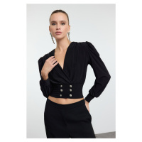 Trendyol Black Crop Button Detailed Knitted Blouse