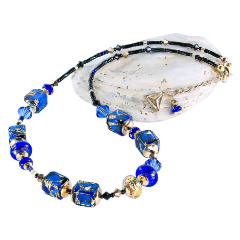 Lampglas Elegantní náhrdelník Deep Blue s 24karátovým zlatem a ryzím stříbrem v perlách Lampglas