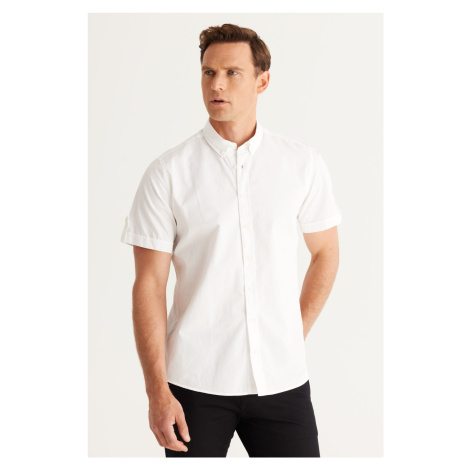 AC&Co / Altınyıldız Classics Men's White Slim Fit Slim Fit Cotton Linen Button Collar Short Slee