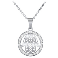 Silvego Ocelový náhrdelník s přívěskem ruky Fátimy s křišťálem KMM39914N